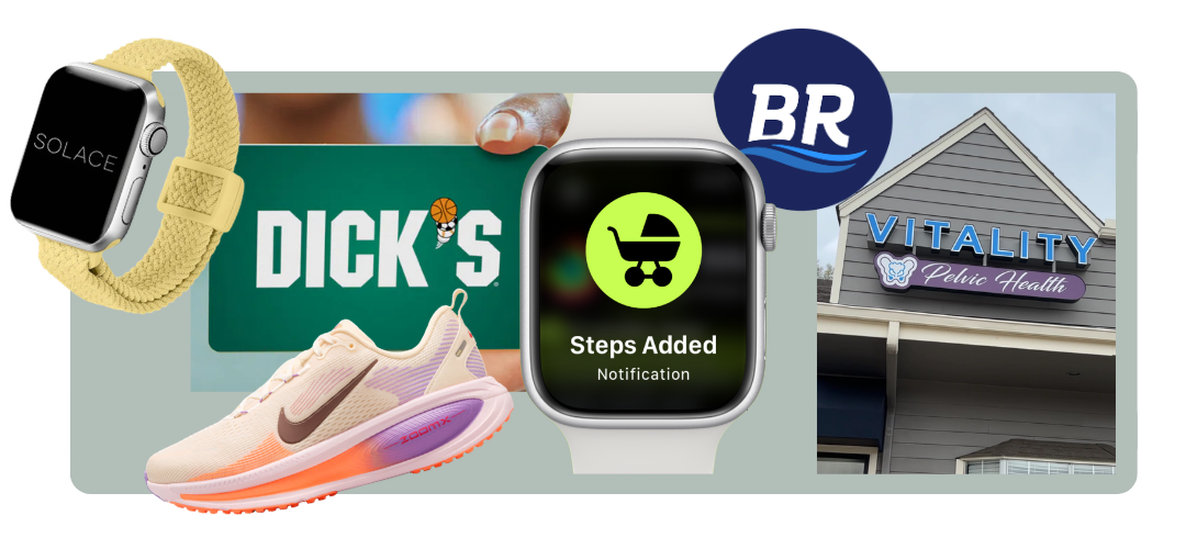 Tulsa Moms Co prizes: Solace Bands + Dick's House of Sport gift card + Big River Footwear + Vitality Pelvic Health evaluation + Stroller Steps lifetime
